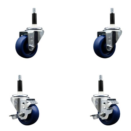 Service Caster 3'' SS Solid Poly Wheel Swivel 7/8'' Expanding Stem Caster Set 2 Brakes, 4PK SCC-SSEX20S314-SPUS-2-TLB-2-78